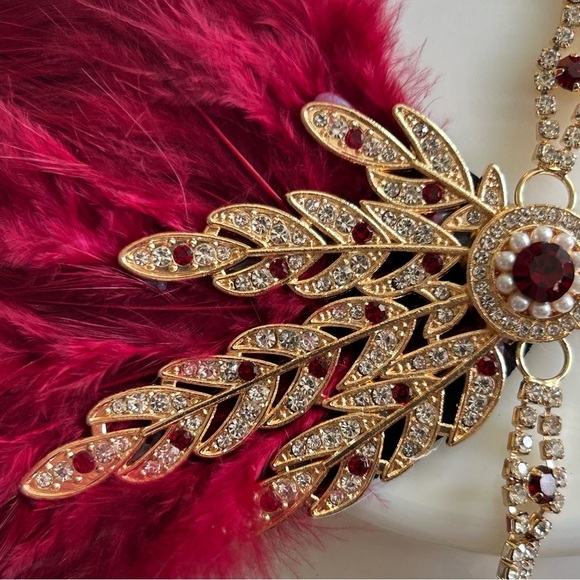Gatsby Red & Gold Feathered Flapper Hair Fascinator 1920s Accessory - Picture 3 of 4